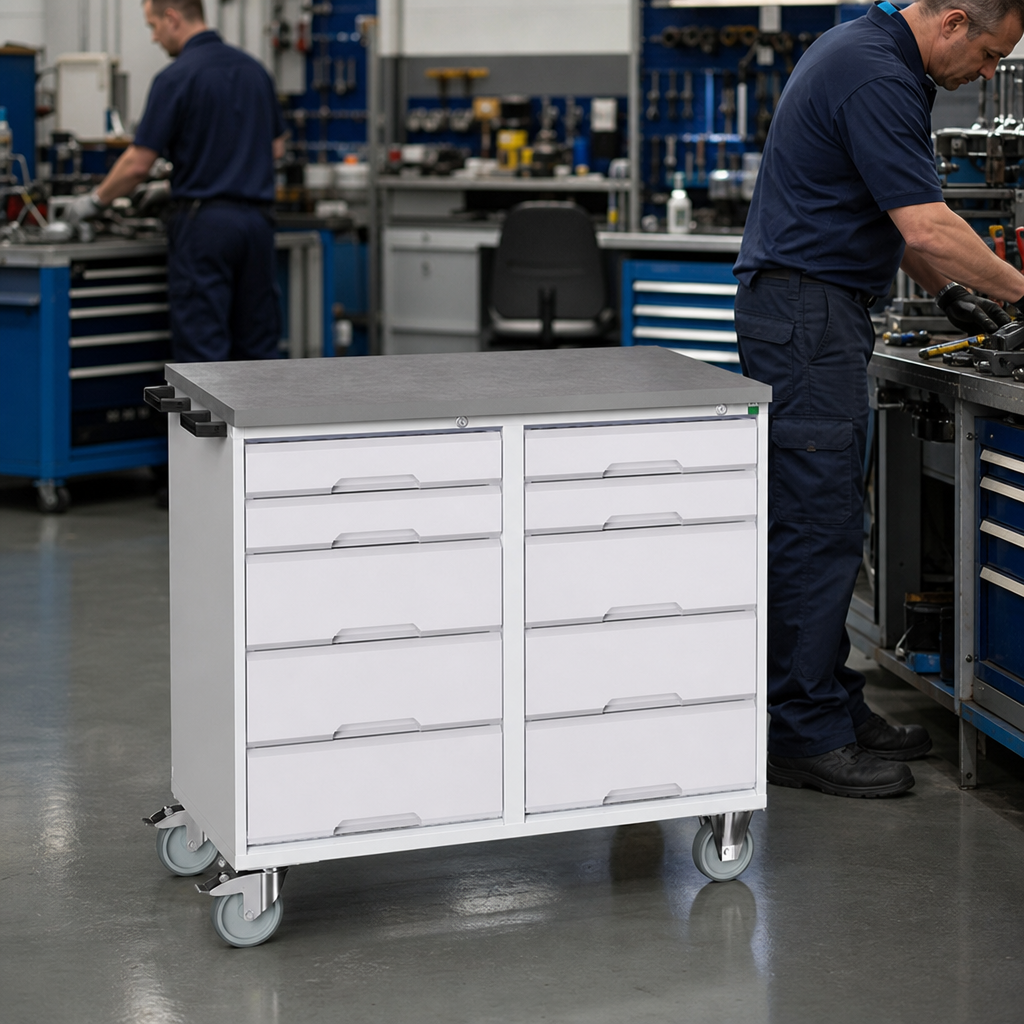 Partitioned 10 Drawer Mobile Storage Cabinet with Worktop