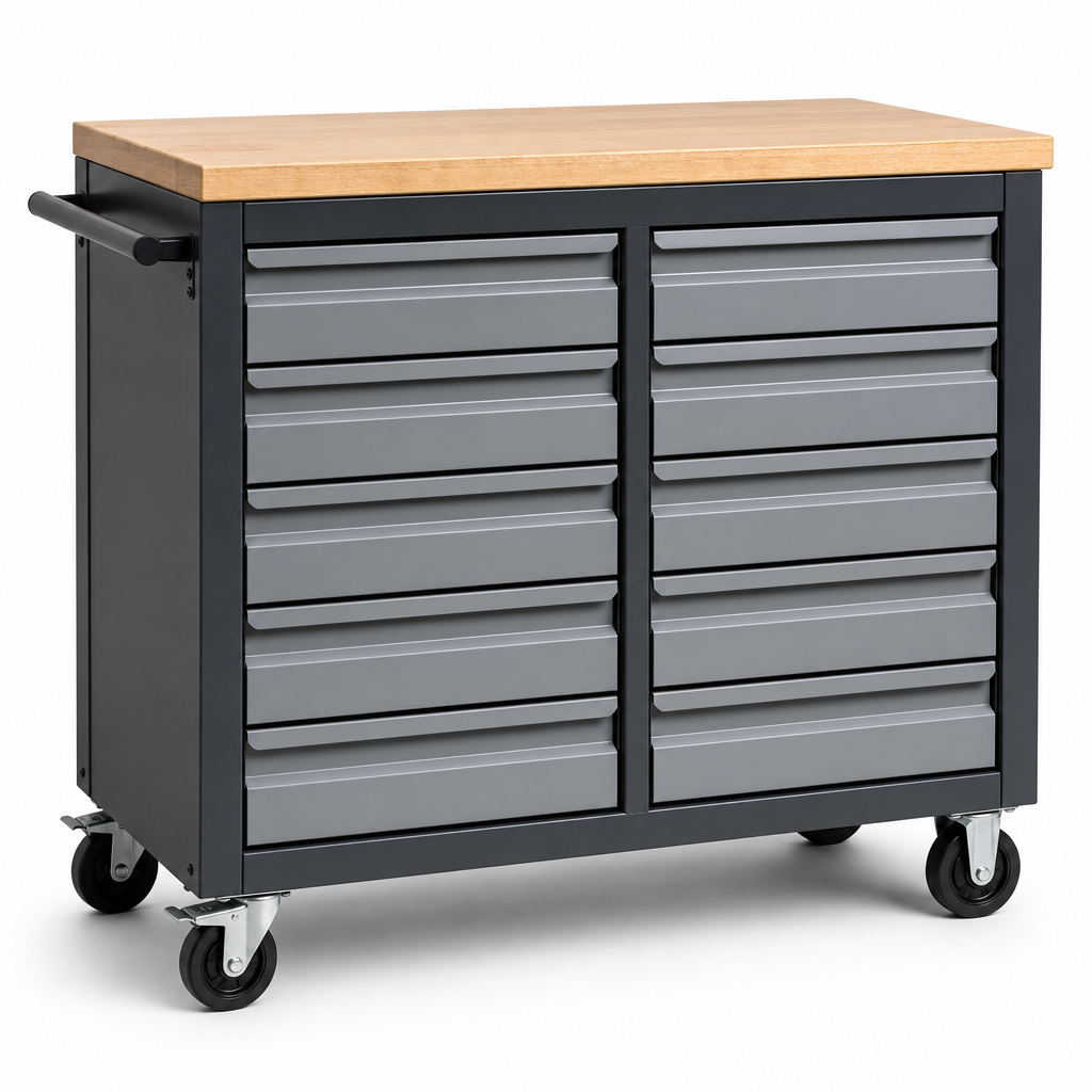 Partitioned 10 Drawer Mobile Storage Cabinet with Worktop