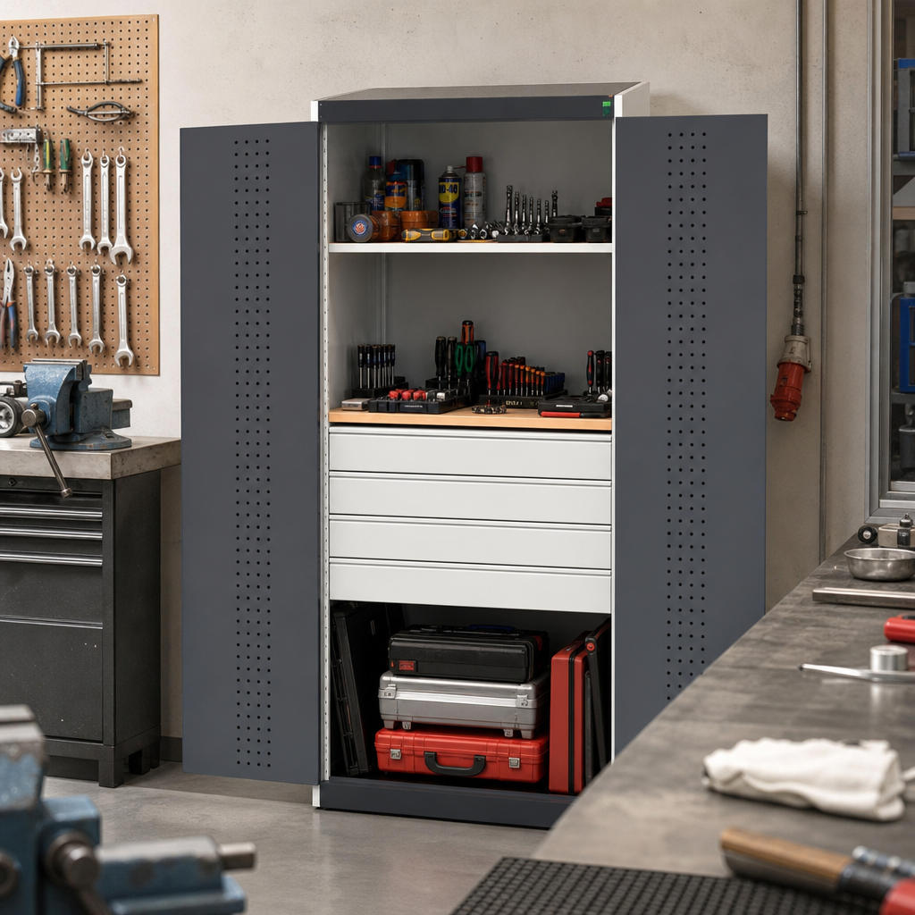 Perforated and Louvre Backed Workshop Cupboard 1300x650mm
