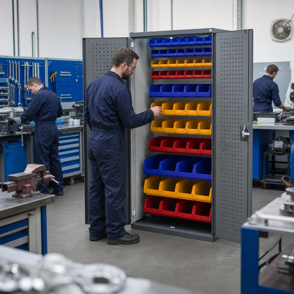 Perforated Panel Workshop Tool Storage Cabinet with 60 Bins