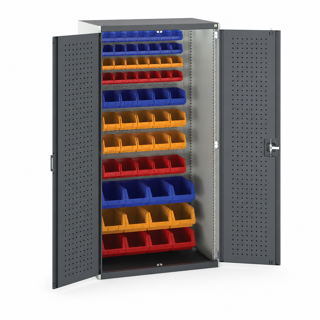 Perforated Panel Workshop Tool Storage Cabinet with 60 Bins