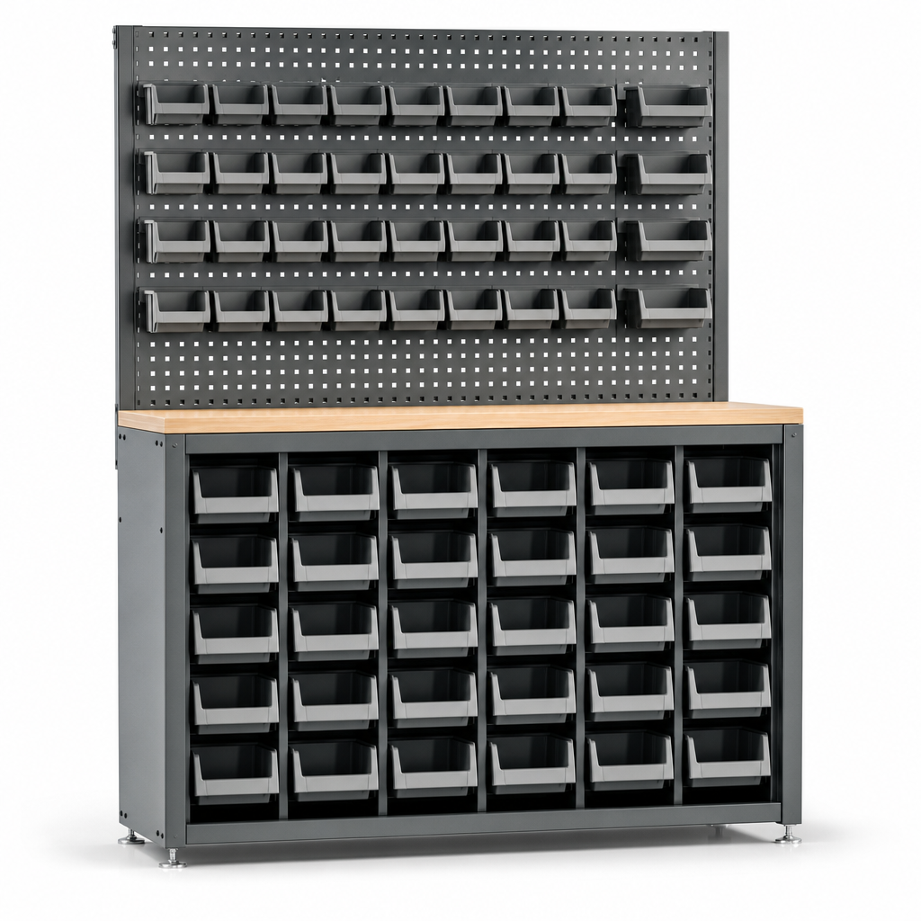 Perforated Panel Workshop Tool Storage Cabinet with 60 Bins