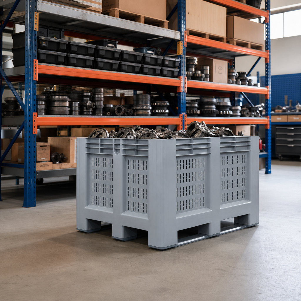 Perforated Plastic Pallet Box with 3 Forklift Skids