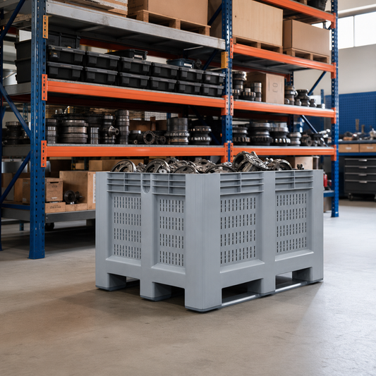 Perforated Plastic Pallet Box with 3 Forklift Skids