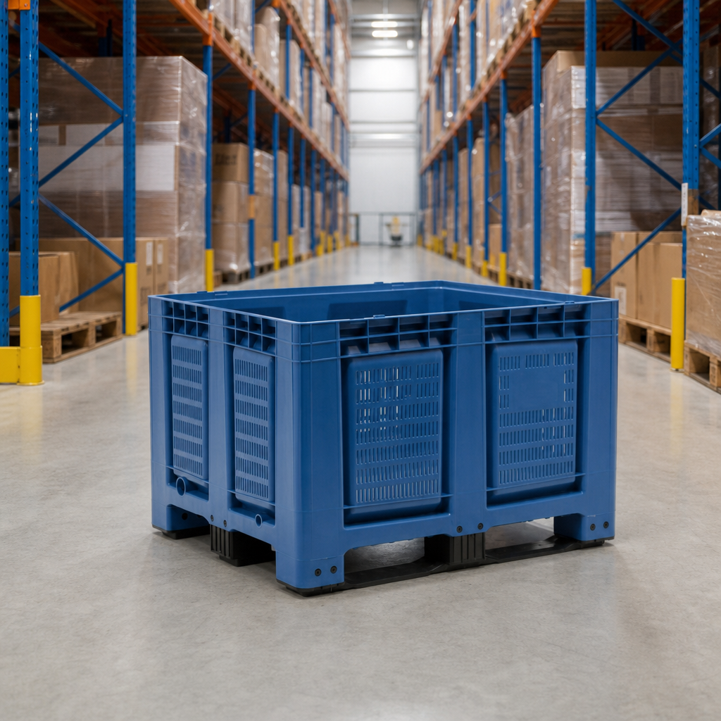Perforated Plastic Pallet Box with 3 Forklift Skids