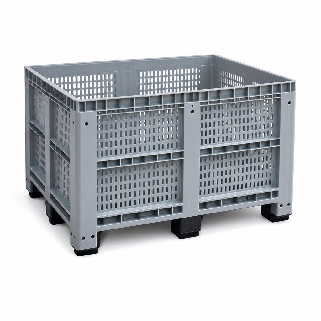 Perforated Plastic Pallet Box with 3 Forklift Skids