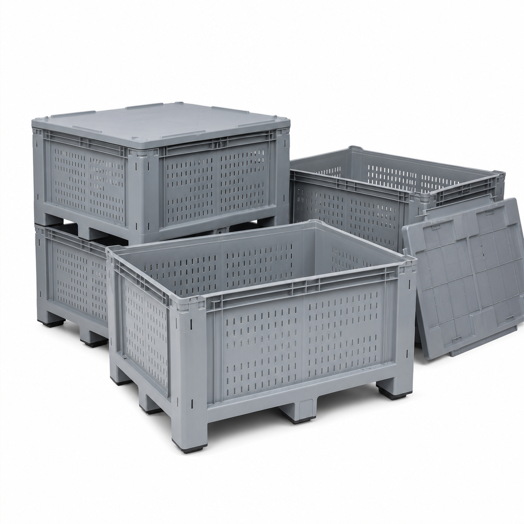 Perforated Plastic Pallet Boxes with Feet and Optional Lids