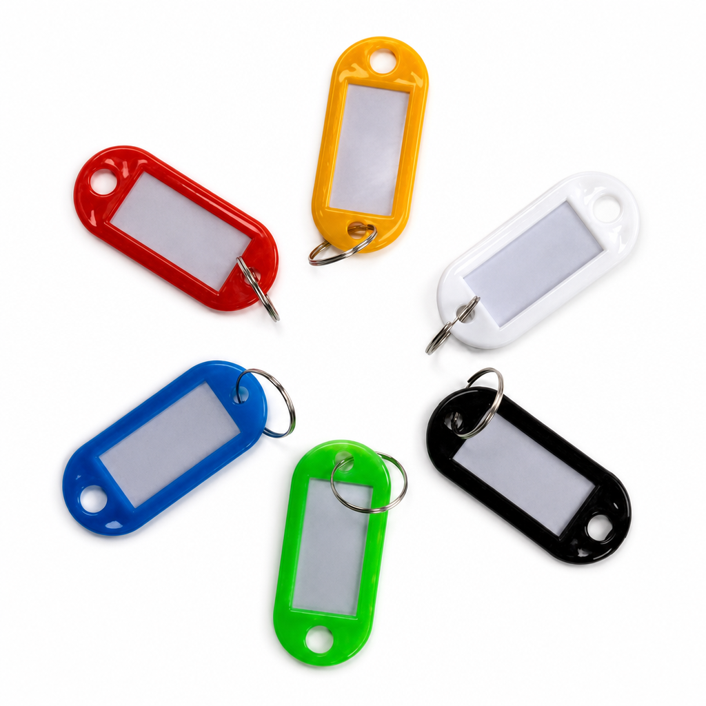 Plastic Key Fobs with Blank Labels in Assorted Colours