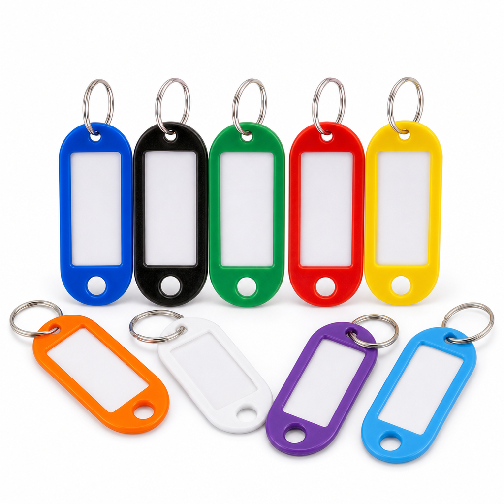 Plastic Key Fobs with Blank Labels in Assorted Colours