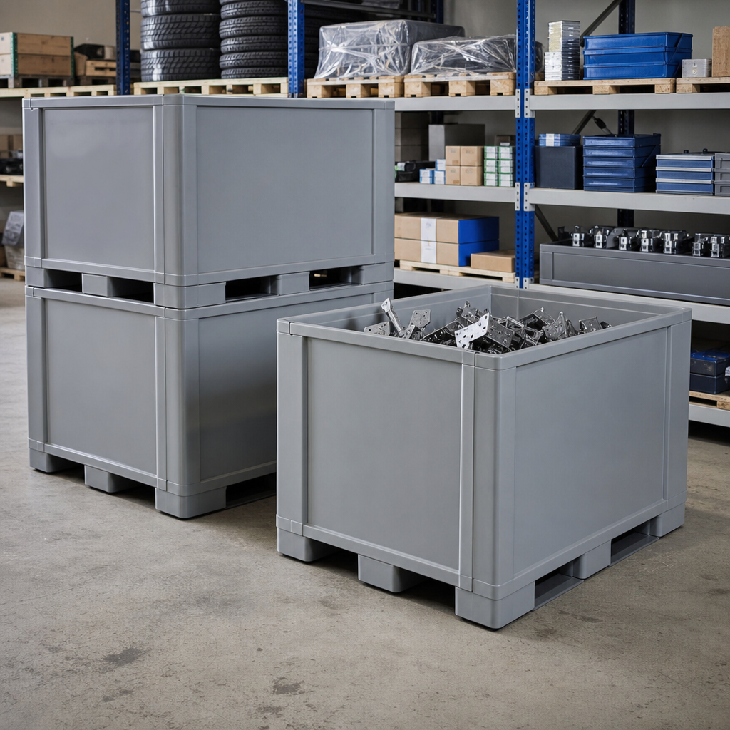 Plastic Pallet Boxes with Solid Sides and Forklift Skids