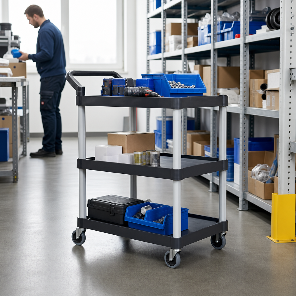 Plastic Shelf Trolley with 3 Flat Shelves, 150kg Capacity