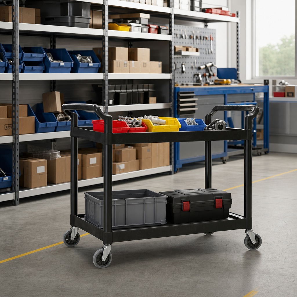 Plastic Tray Utility Trolley with Two Shelves and Handles