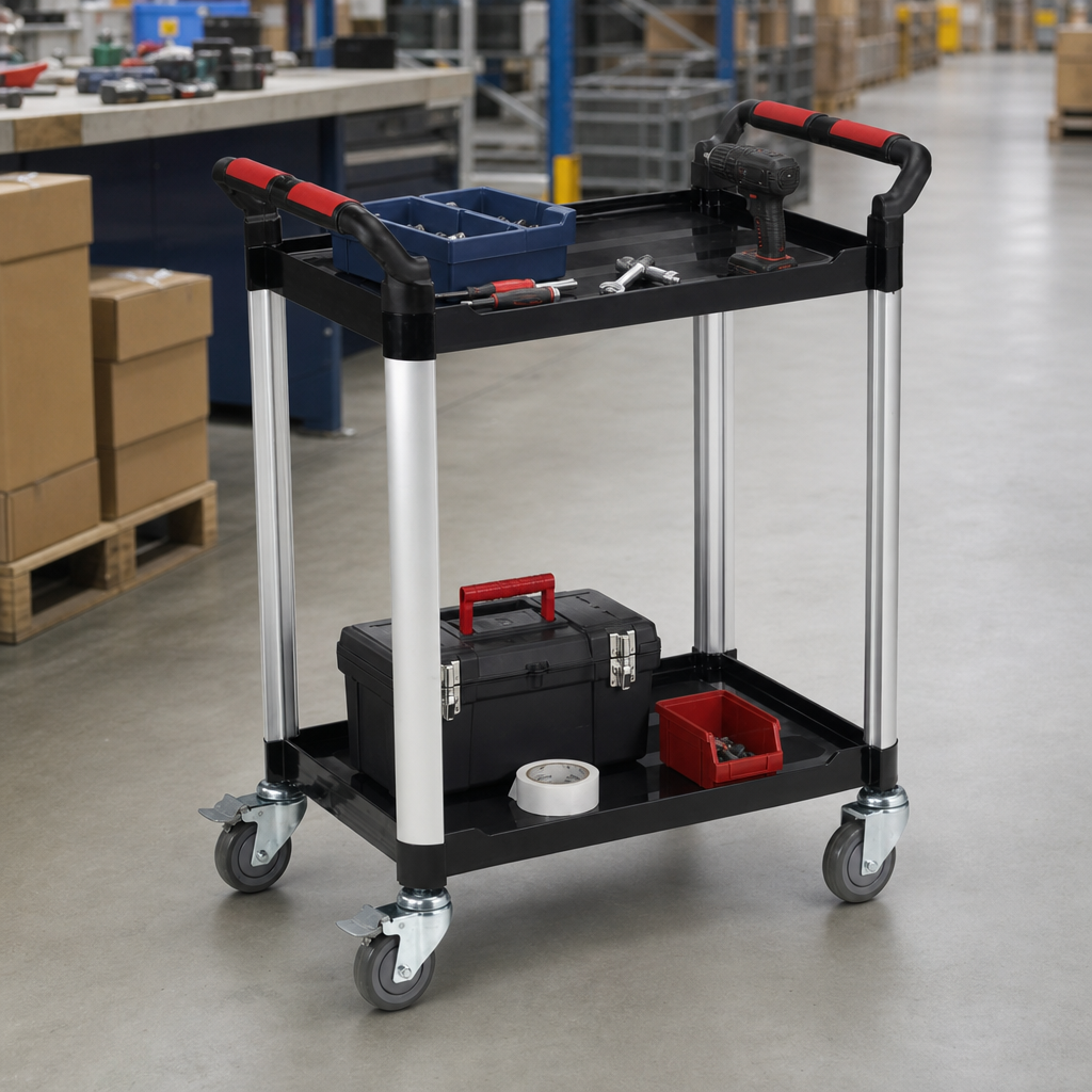 Plastic Tray Utility Trolley with Two Shelves and Handles