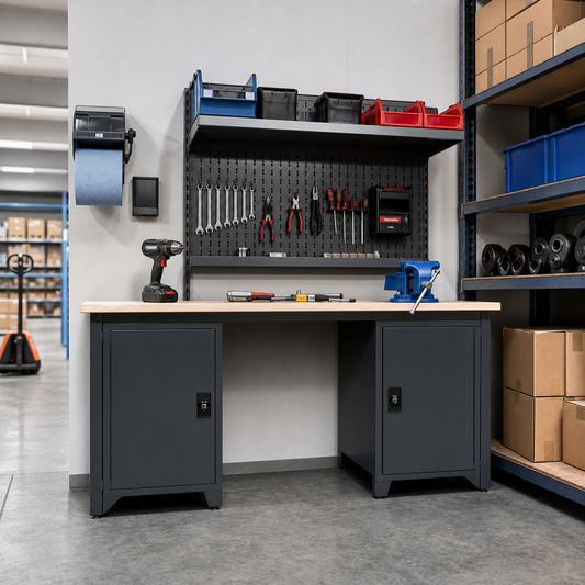 Premium Steel Workbench with Two Lockable Cupboards