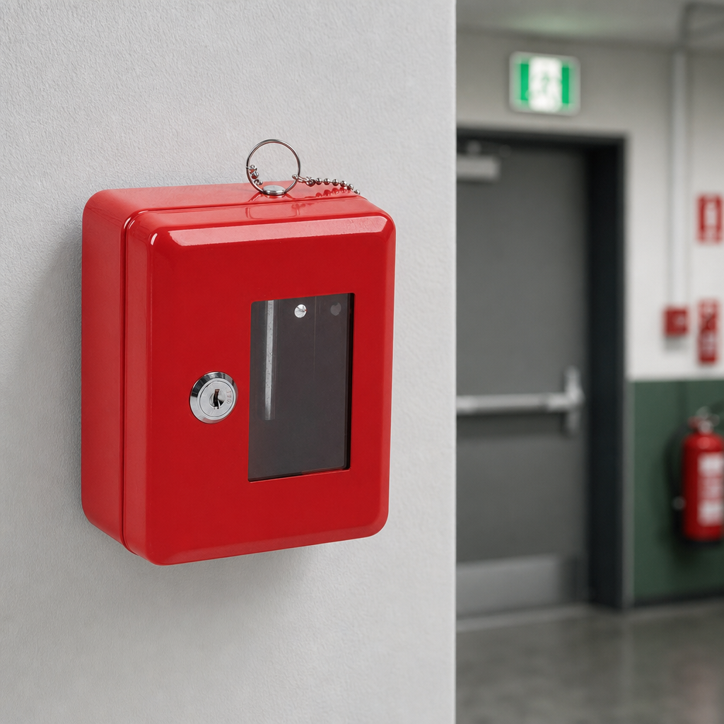 Red Emergency Key Box with Glass Panel and Hammer