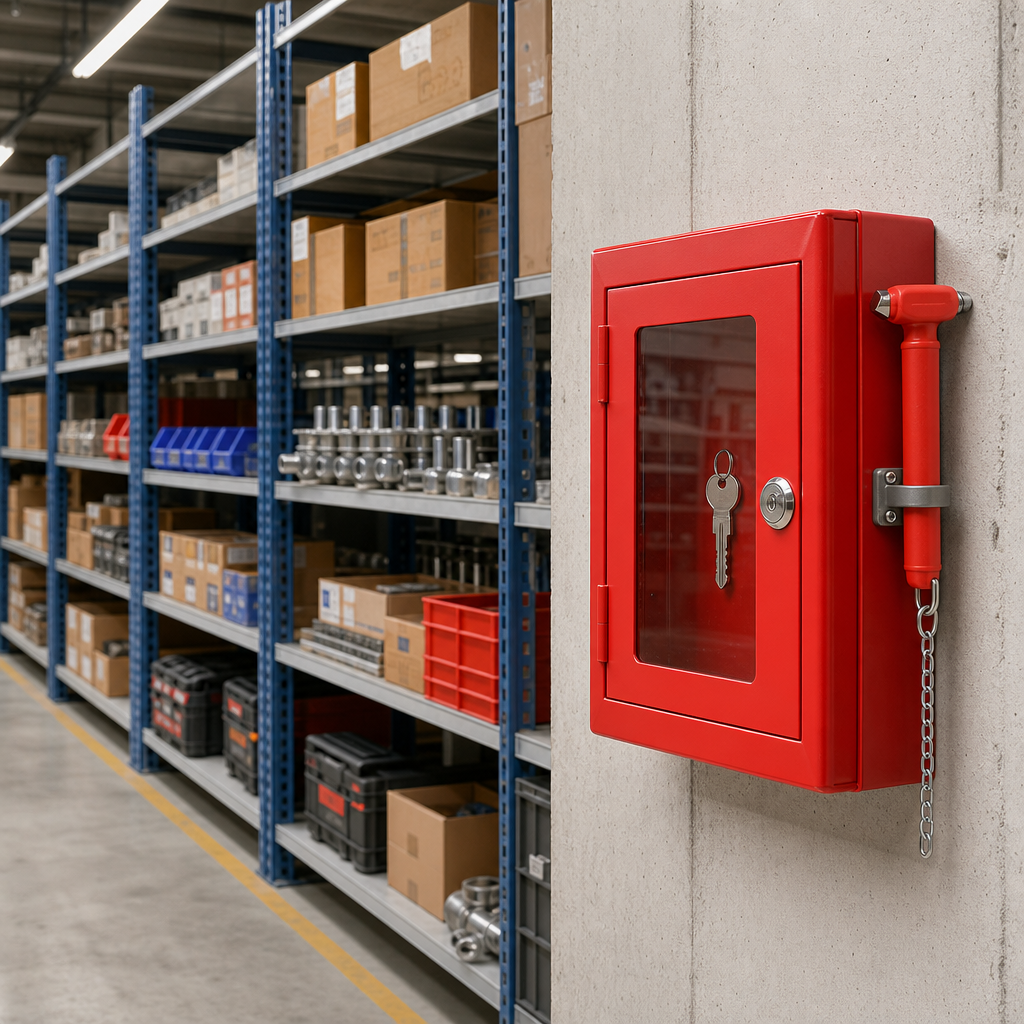 Red Emergency Key Box with Glass Panel and Hammer