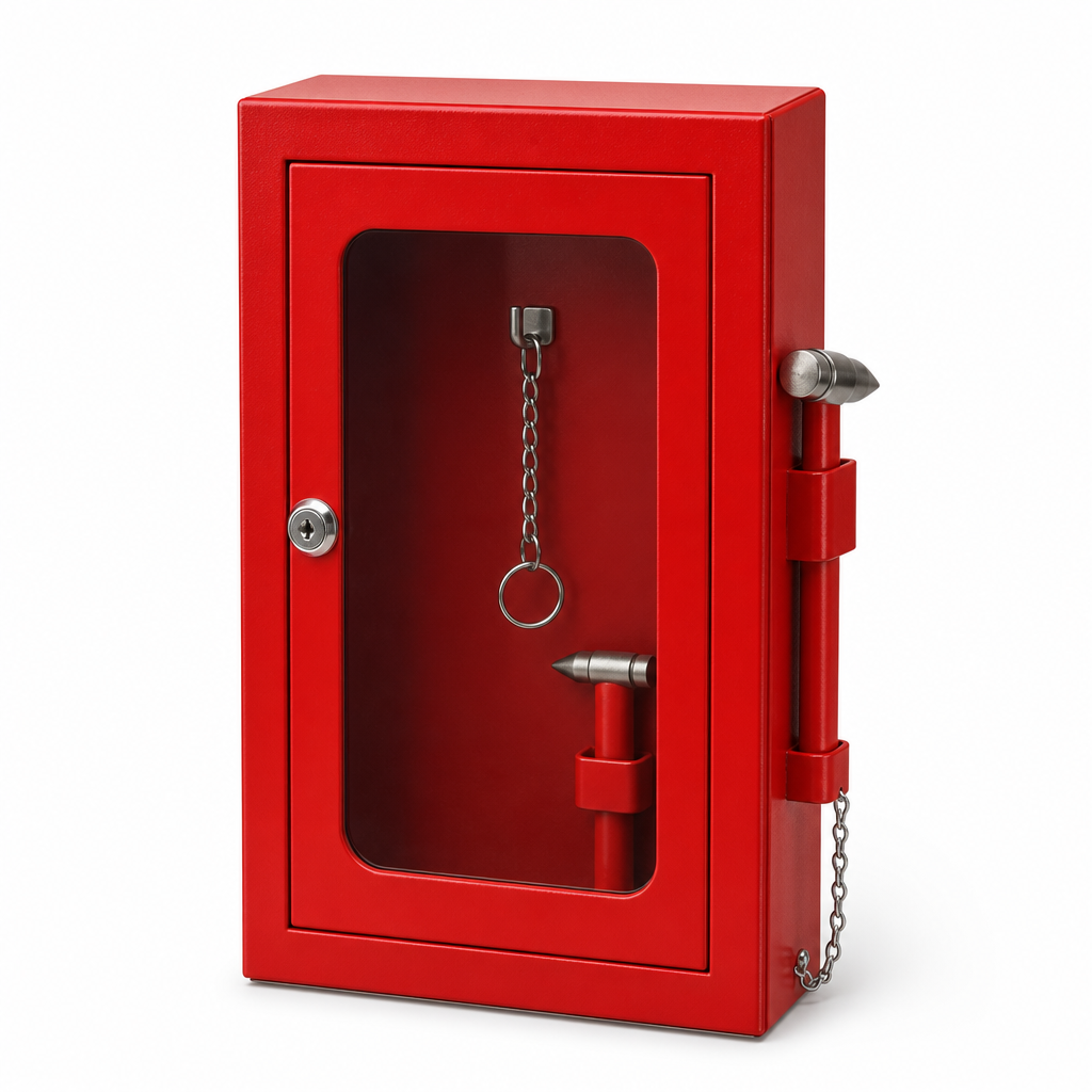 Red Emergency Key Box with Glass Panel and Hammer