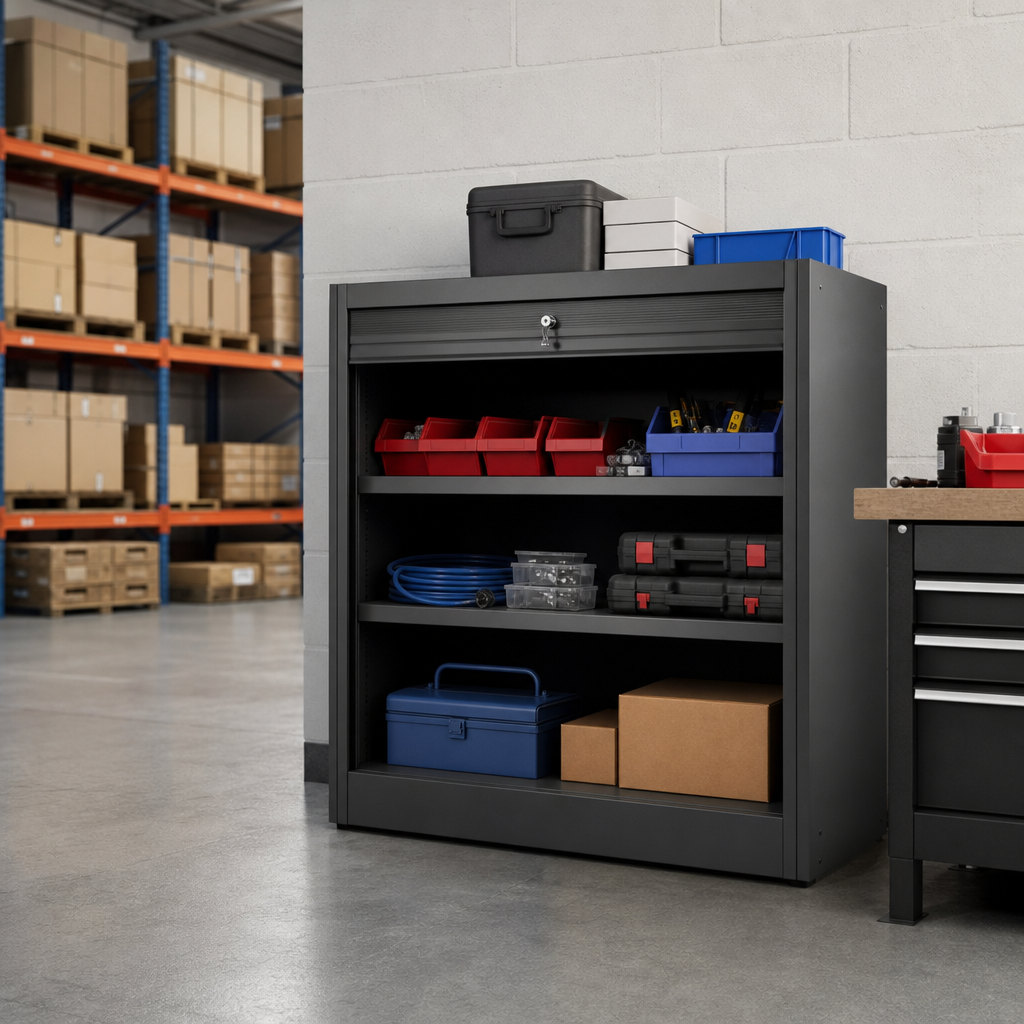 Roller Shutter Metal Storage Cabinet with 3 Shelves 1200x1050x650mm