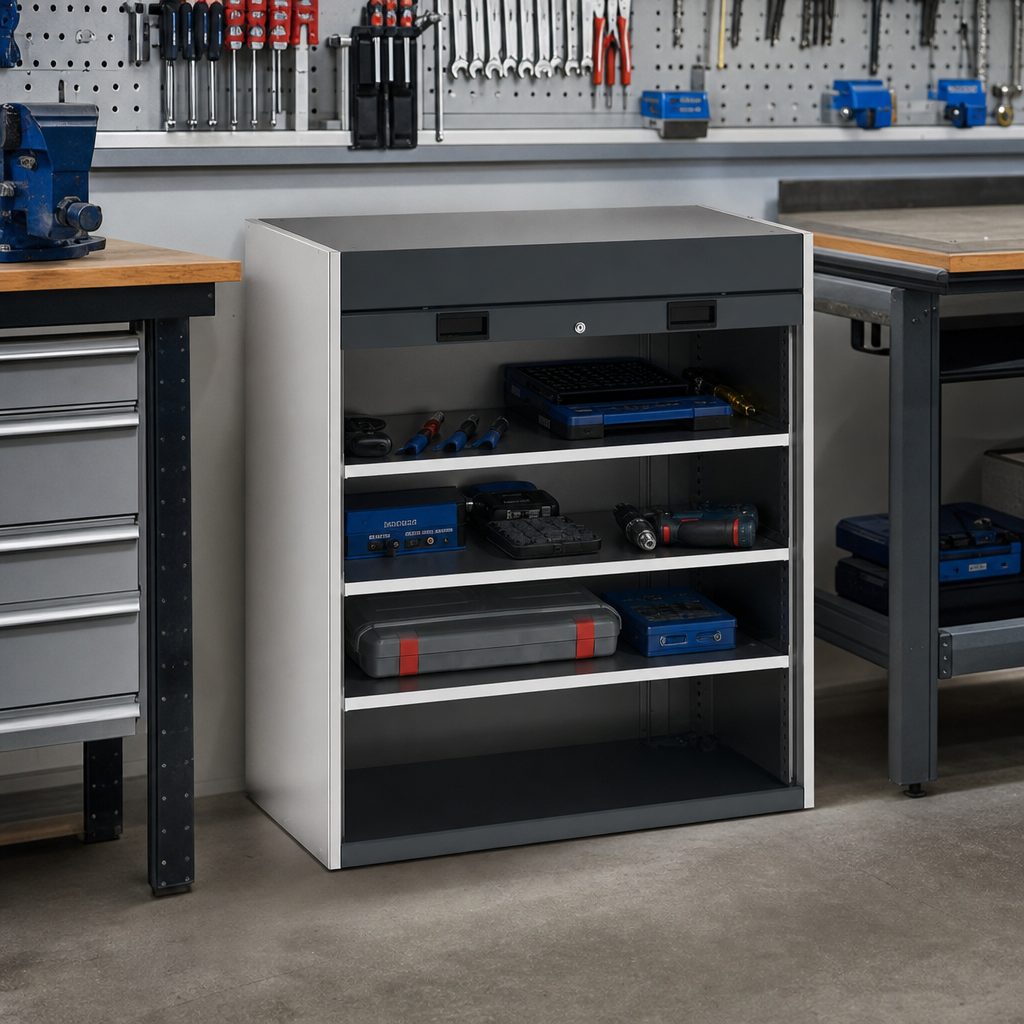 Roller Shutter Metal Storage Cabinet with 3 Shelves 1200x1050x650mm