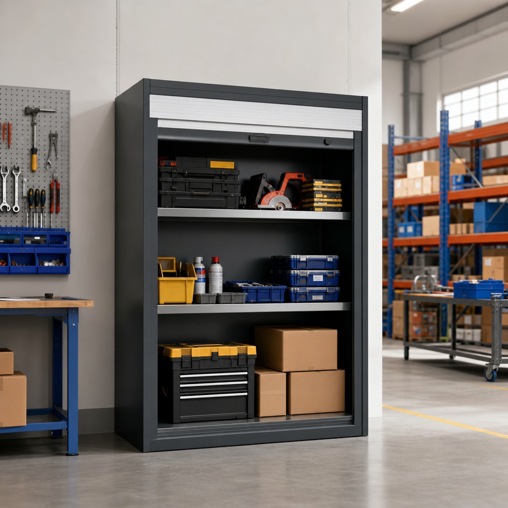 Roller Shutter Metal Storage Cabinet with 3 Shelves 1200x1300x650mm