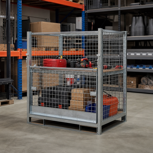 Security Mesh Stillage with Half Drop Front and Wood Floor