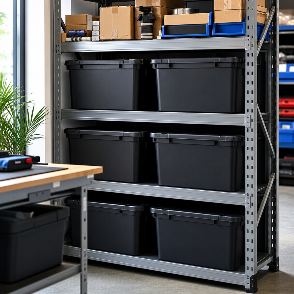 Set of 5 x 80L Black Recycled Plastic Storage Boxes with Lids