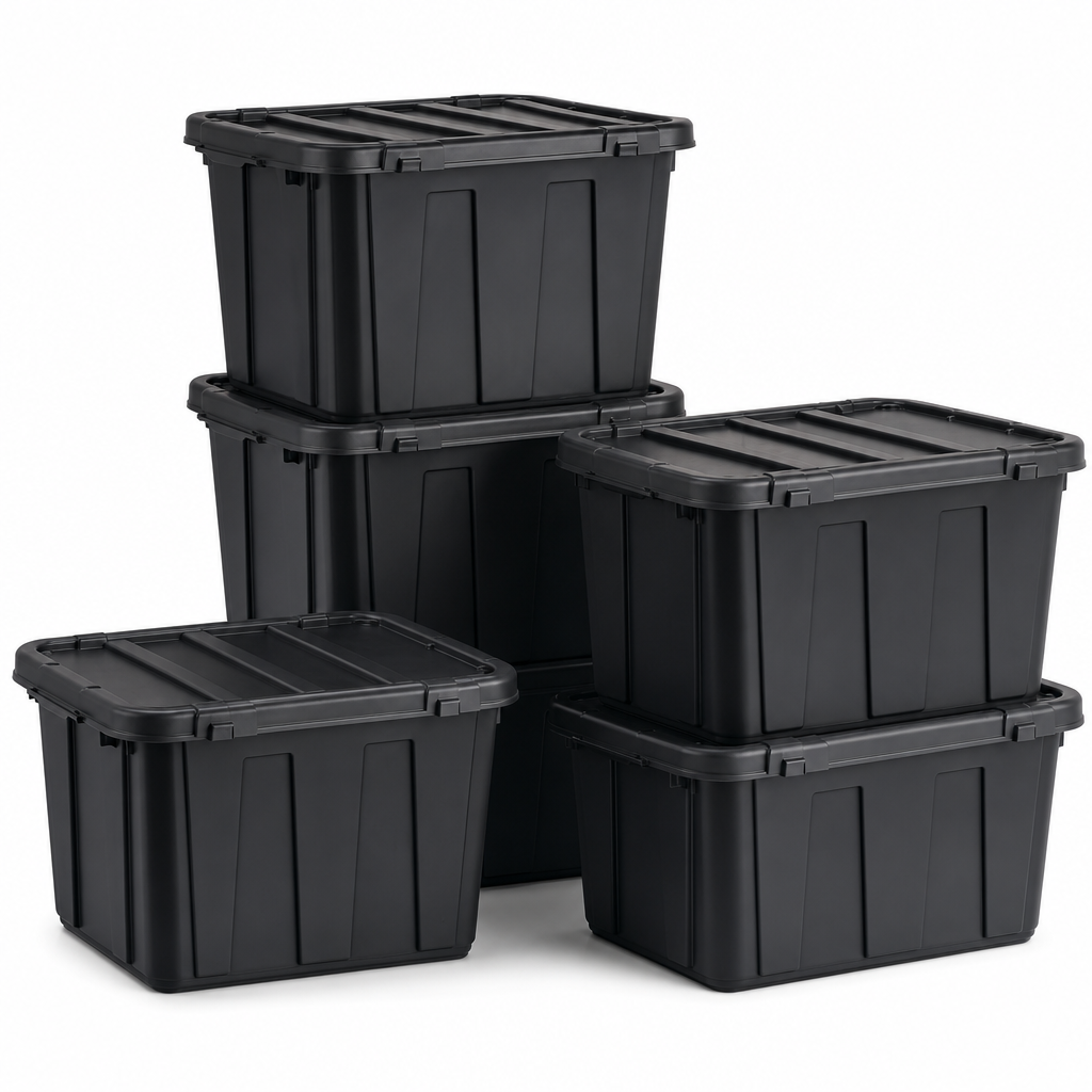 Set of 5 x 80L Black Recycled Plastic Storage Boxes with Lids