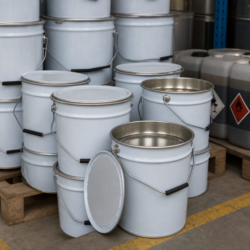 Set of 6 Tapered Tinplate Pails with Ring Latch Lids