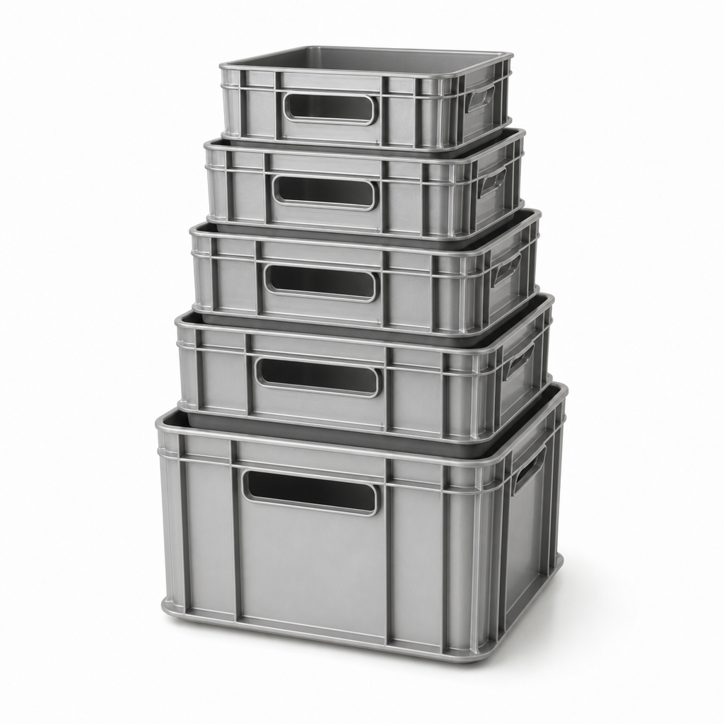 Set of Five Stackable Bale Arm Food Crates 15–54L