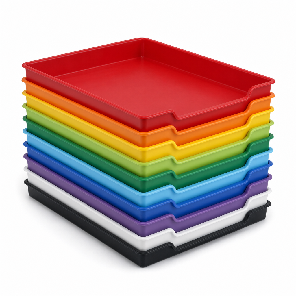 Shallow A4 Plastic Storage Trays – Solid Colours (Pack of 10)