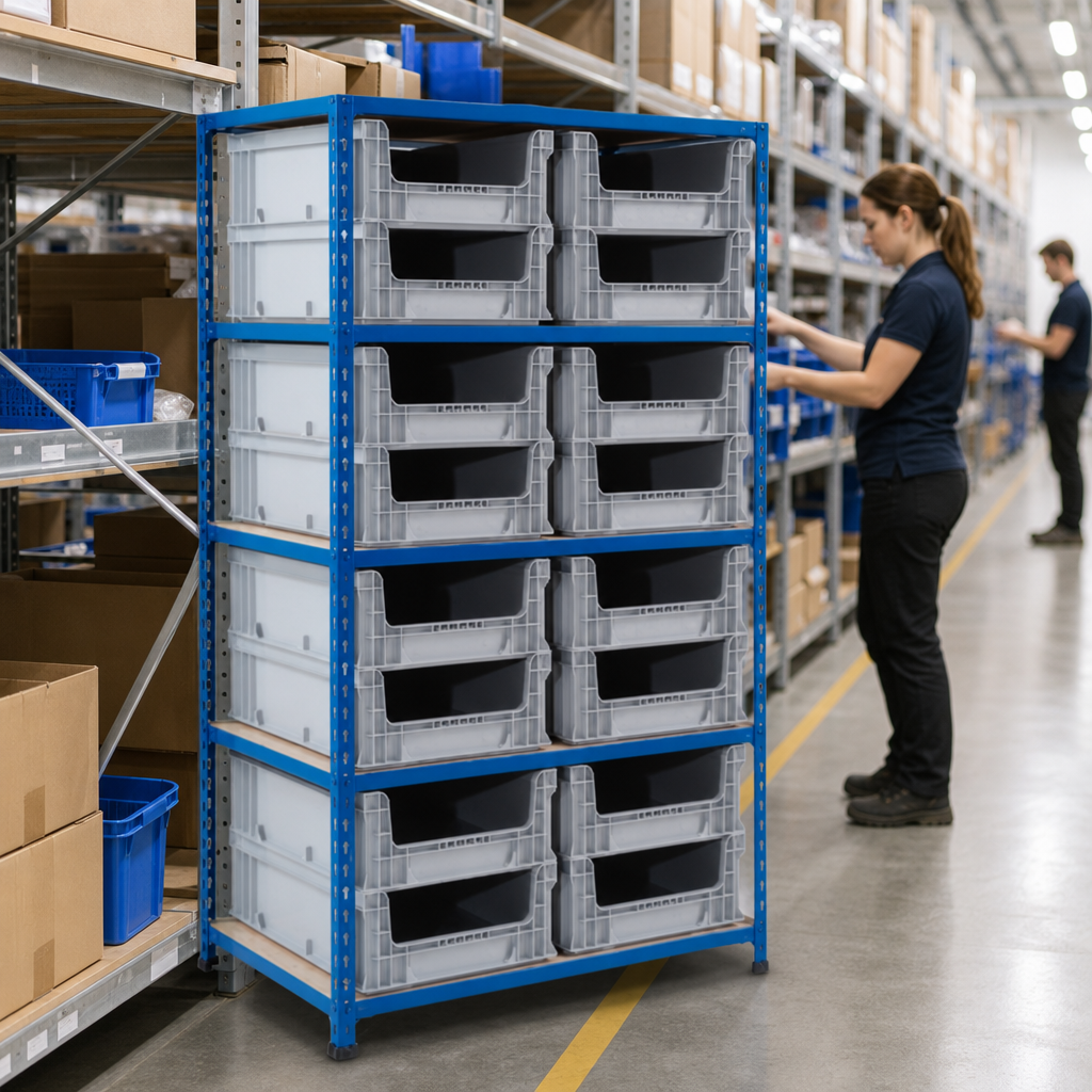 Shelving Bay with 16 Open Fronted Euro Containers 1600h x 915w