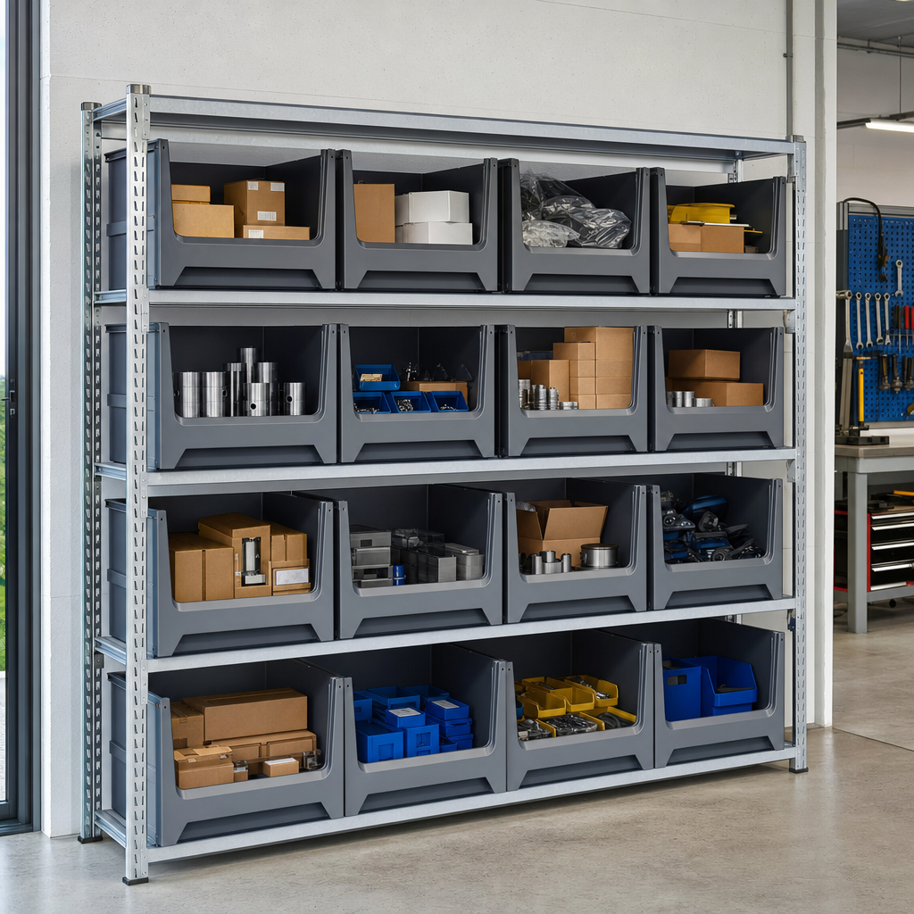 Shelving Bay with 16 Open Fronted Euro Containers 1600h x 915w