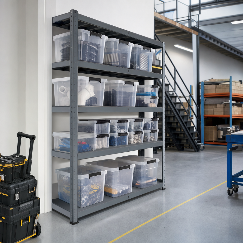 Shelving Bays with Clear Plastic Storage Boxes 1600h x 1220w