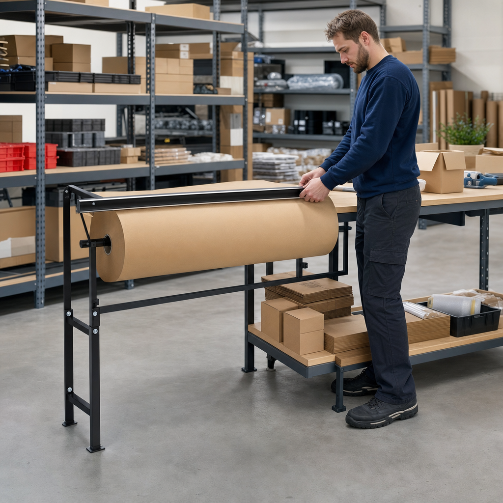 Single Paper Roll Dispenser and Cutter Stand for Packing Benches