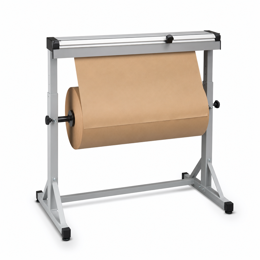Single Paper Roll Dispenser and Cutter Stand for Packing Benches