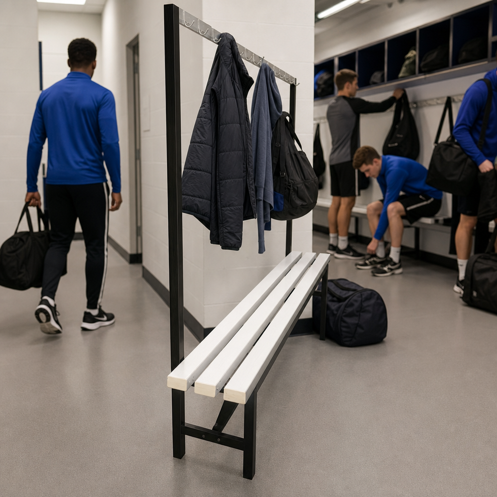 Single Sided Cloakroom Bench with White PVC Slats and Hooks