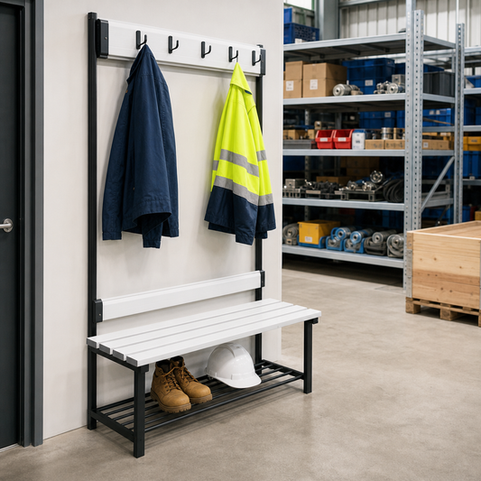 Single Sided Cloakroom Bench with White PVC Slats and Hooks
