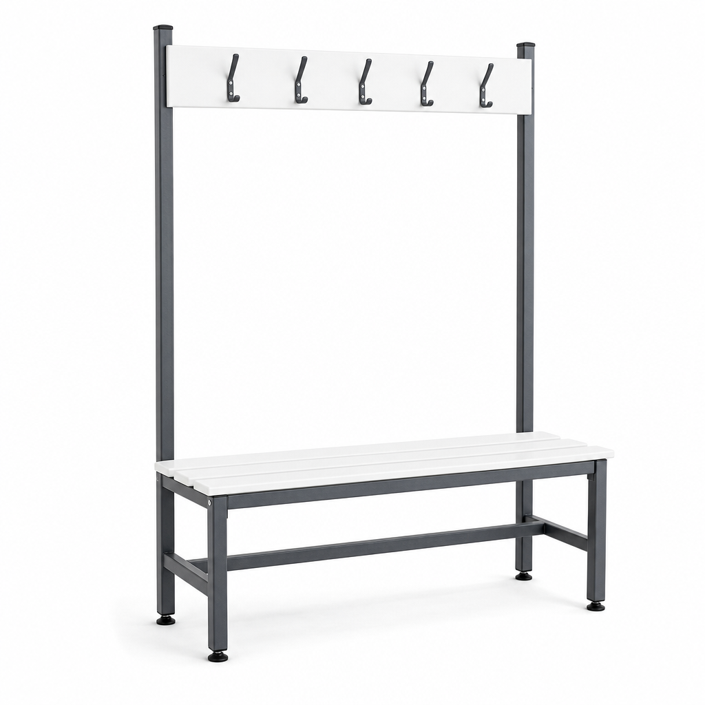 Single Sided Cloakroom Bench with White PVC Slats and Hooks