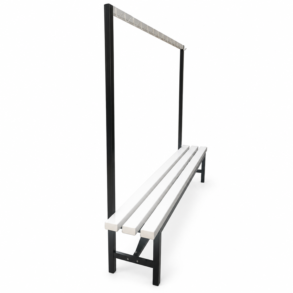 Single Sided Cloakroom Bench with White PVC Slats and Hooks