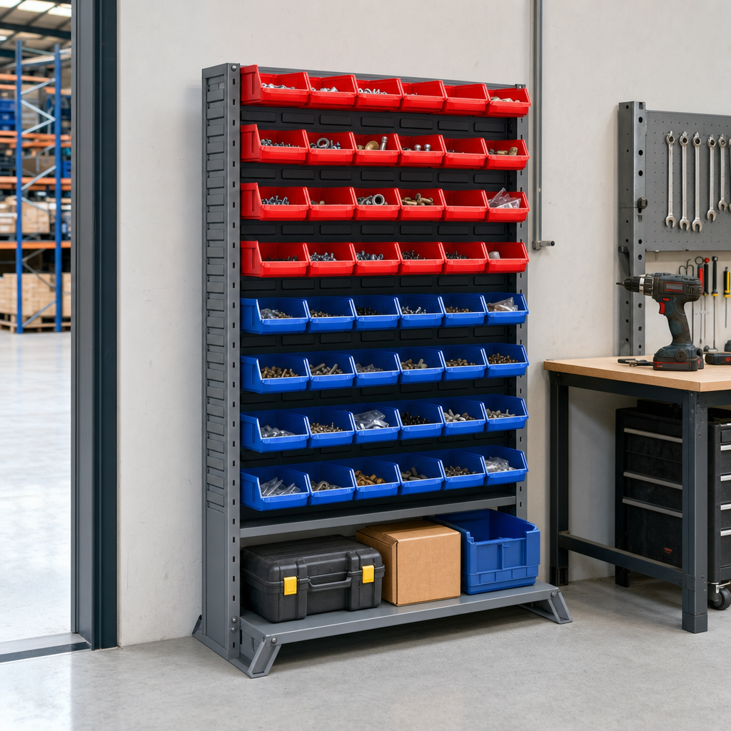 Single-Sided Louvre Panel Rack with Storage Bins 1125mm High