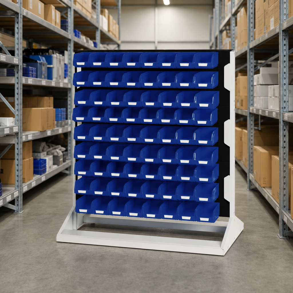 Single-Sided Louvre Panel Rack with Storage Bins 1125mm High