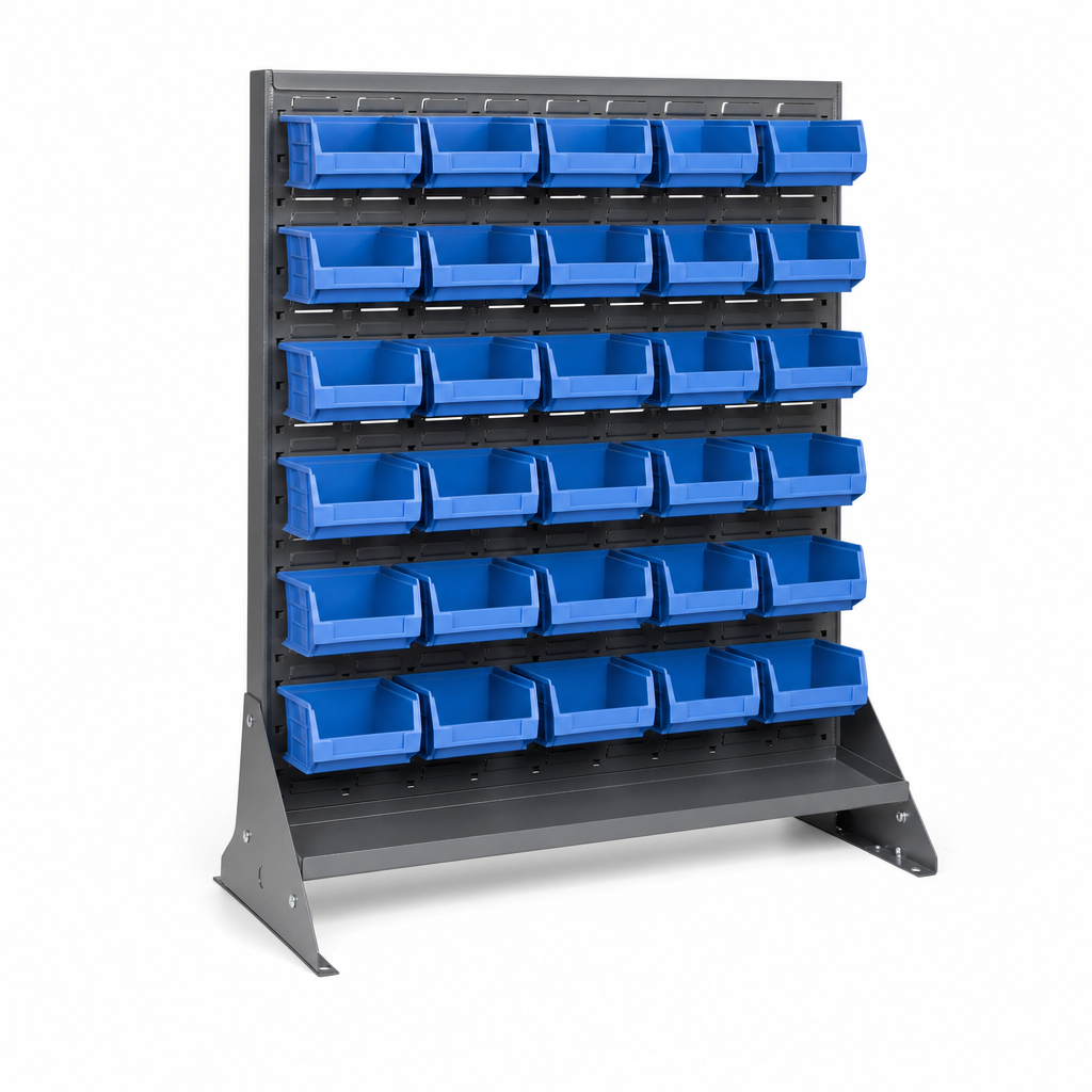Single-Sided Louvre Panel Rack with Storage Bins 1125mm High