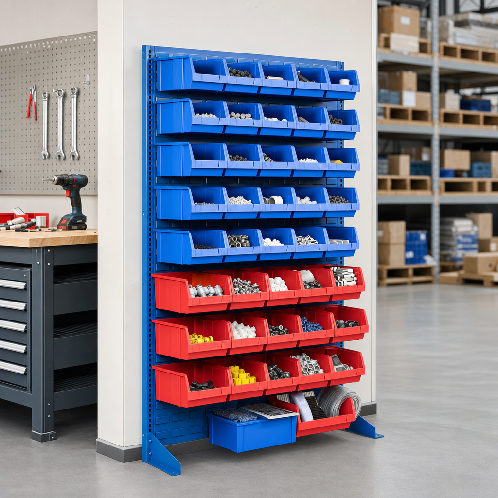 Single Sided Louvre Panel Rack with Storage Bins 1450mm High