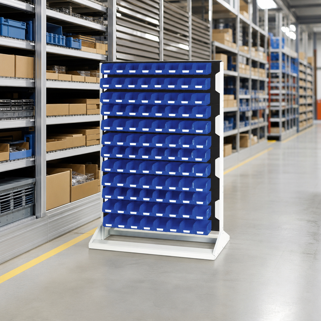 Single Sided Louvre Panel Rack with Storage Bins 1450mm High