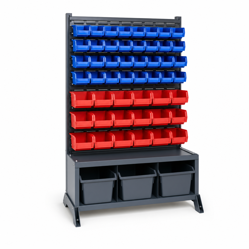 Single Sided Louvre Panel Rack with Storage Bins 1450mm High