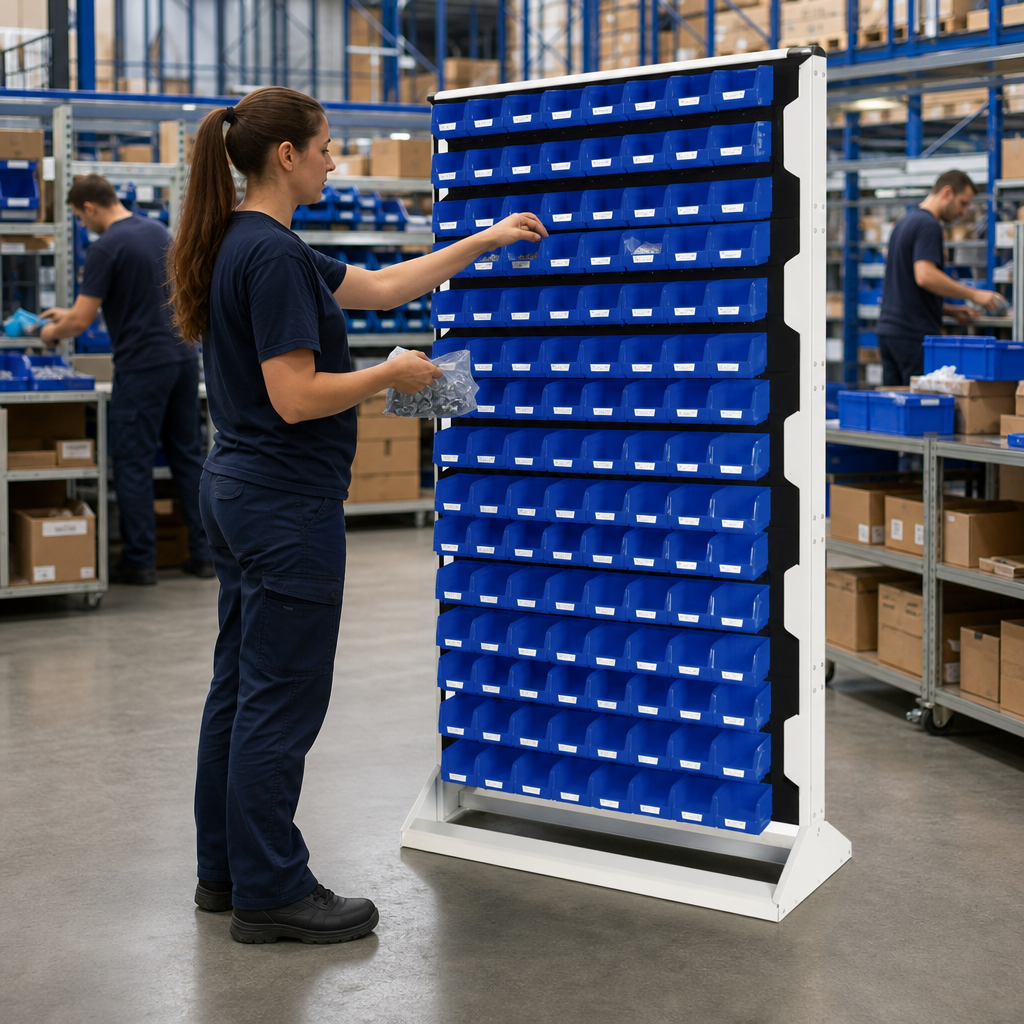 Single-Sided Louvre Panel Rack with Storage Bins