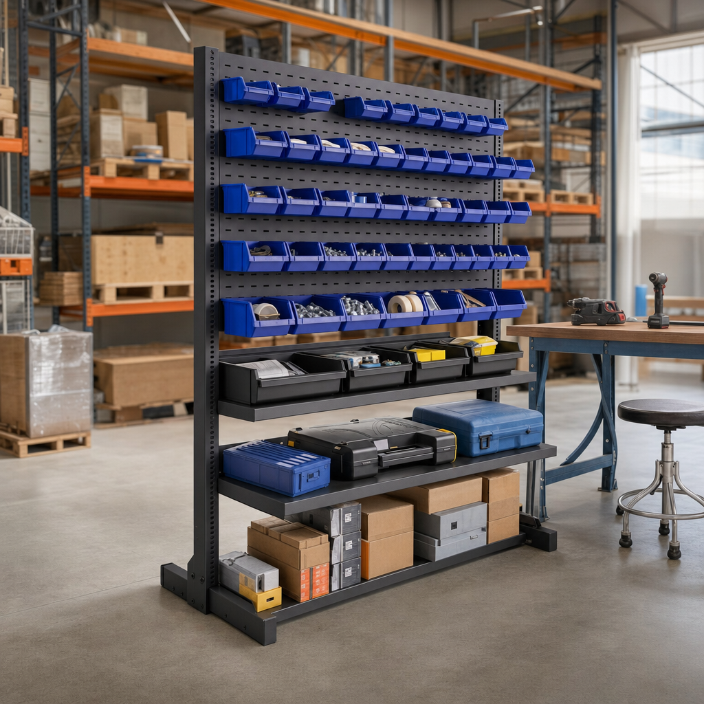 Single-Sided Louvre Panel Rack with Storage Bins