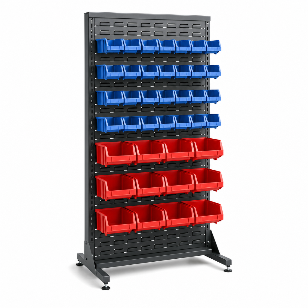 Single-Sided Louvre Panel Rack with Storage Bins