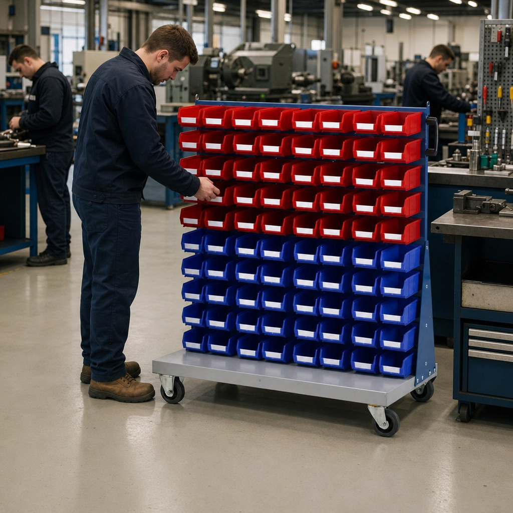 Single Sided Louvre Panel Trolley with Storage Bins