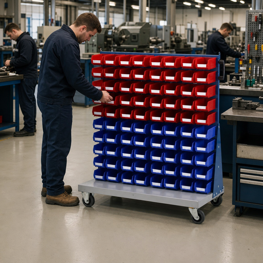 Single Sided Louvre Panel Trolley with Storage Bins